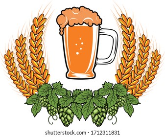 Scalable vectorial image of a mug of beer, wheat and hops in the form of a coat of arms.