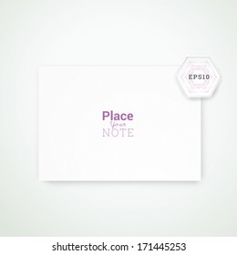 Scalable vertical stationery eps10 vector illustration: blank - hexagon decorated cardboard paper brochure on bright background with soft shadows and highlights for infographics, presentation. Violet