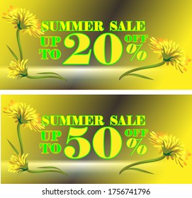 Scalable yellow dandelion vector illusration. Summer sale tags. 20 percent  50 percent discounts.