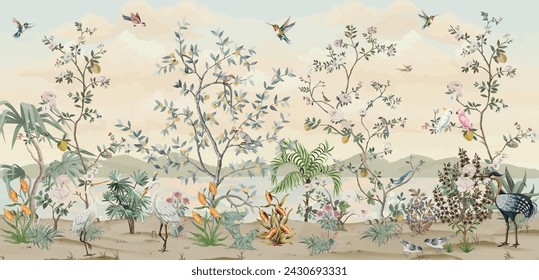 Scalamandre Blossom Chinoiserie Mural Wallpaper, Watercolor background, Wallpaper, Birds.