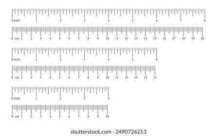 Scale with 10, 15, 20 centimeter 4, 6, 8 inches with markup and numbers. Measuring charts of metric, imperial units. Set of distance, height, length measurement tool templates. Sewing tools.