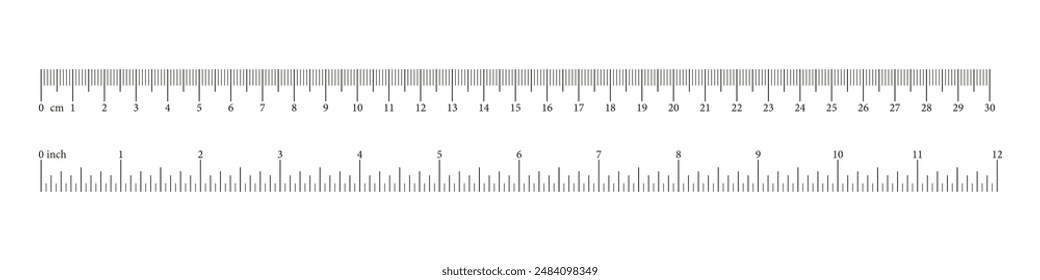 Scale with 12 inch, 30 centimeter with markup and numbers. Measuring charts of metric, imperial units. Distance, height, length measurement, sewing tool. Black template on a white background.