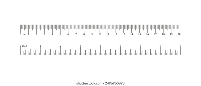 Scale 20 centimeter, 8 inch with markup, numbers. Distance, height, length measurement, sewing tool. Measuring charts, metric, imperial units. Template on white background.