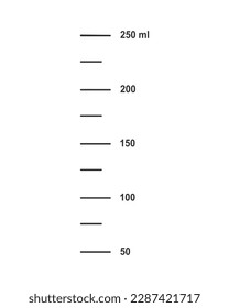 Escalar con 250 ml de volumen líquido para medir las tazas hasta preparar los frascos de cocción o química aislados sobre fondo blanco. Ilustración del contorno del vector.