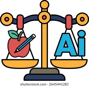 A scale with an apple and a pencil on one side and the letters AI on the other. The scale is balanced, but the apple and pencil are on the left side, while the letters AI are on the right side