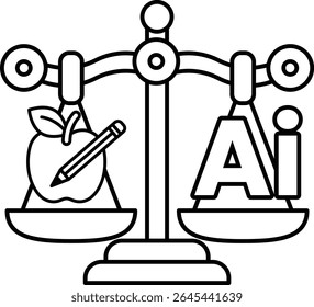 A scale with an apple and a pencil on one side and the letters AI on the other. The scale is balanced, but the apple and pencil are on the left side, while the letters AI are on the right side