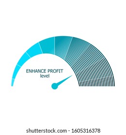 Scale with arrow. Enhance profit level measuring device icon. Sign tachometer, speedometer, indicators. Infographic gauge element.