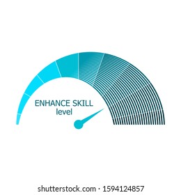 Scale with arrow. Enhance skill level measuring device icon. Sign tachometer, speedometer, indicators. Infographic gauge element.