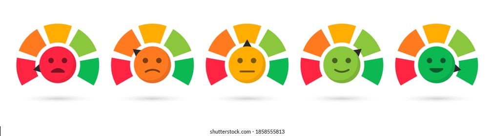 Scale with arrow. Feedback emotions. Level satisfaction. Mood scale. Meter emoticons. Colored Infographics.