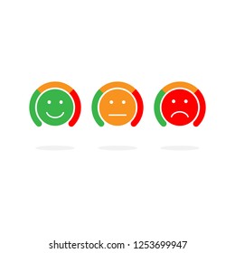Scale with arrow from green to red and emojis. Evaluation icon. Colored scale of emotions. Measuring device icon sign. Vector illustration