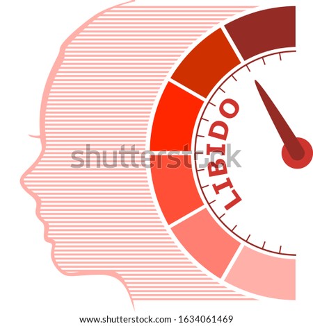Scale with arrow. The libido level measuring device icon. Sign tachometer, speedometer, indicators. Infographic gauge element. Head of woman silhouette.