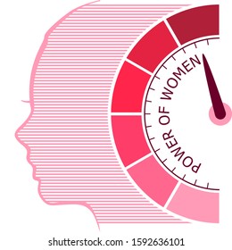 Scale with arrow from pink to dark pink. The measuring device icon. Power of women text. Head of woman silhouette.