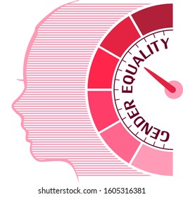 Scale with arrow from pink to dark pink. The measuring device icon. Gender equality text. Head of woman silhouette.