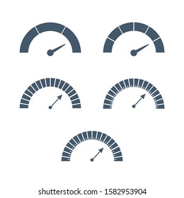 Scale with arrow from red to green. The measuring device icons set. Sign tachometer, speedometer, indicators. Vector illustration in flat style. Infographic gauge elements