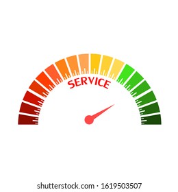 Scale with arrow. Service level measuring device icon. Sign tachometer, speedometer, indicators. Infographic gauge element.