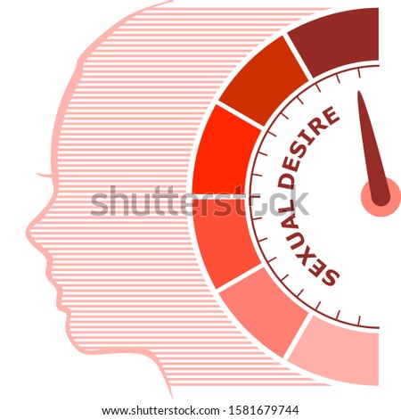 Scale with arrow. The sexual desire level measuring device icon. Sign tachometer, speedometer, indicators. Infographic gauge element. Head of woman silhouette.