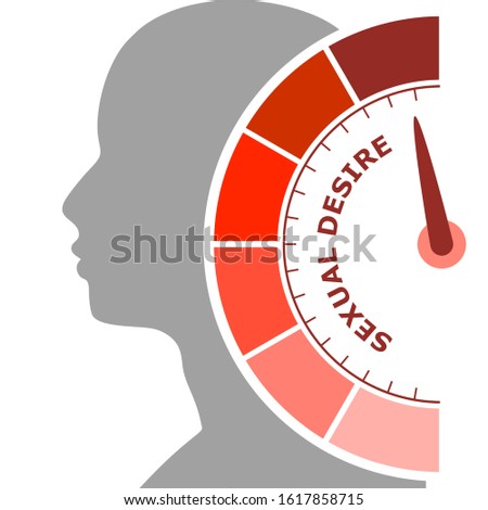 Scale with arrow. The sexual desire level measuring device icon. Sign tachometer, speedometer, indicators. Infographic gauge element. Head of man silhouette.