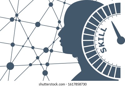 Scale with arrow. The skill level measuring device icon. Sign tachometer, speedometer, indicators. Infographic gauge element. Head of man silhouette. Connected lines with dots.