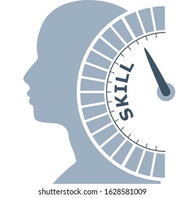 Scale with arrow. The skill level measuring device icon. Sign tachometer, speedometer, indicators. Infographic gauge element. Head of man silhouette.