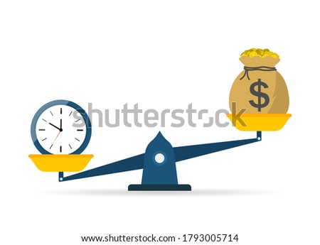 Scale of balance between time and money. Icon of weight and comparison. Seesaw from cost to clock. Equity value of work. Investment finance - income profit. Symbol of measure of success life. Vector.