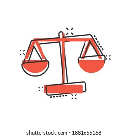 Scale balance icon in comic style. Justice cartoon vector illustration on white isolated background. Judgment splash effect business concept.