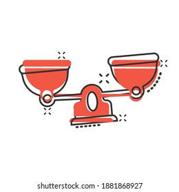 Scale balance icon in comic style. Justice cartoon vector illustration on white isolated background. Judgment splash effect business concept.