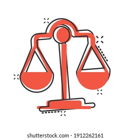 Scale balance icon in comic style. Justice cartoon vector illustration on white isolated background. Judgment splash effect business concept.