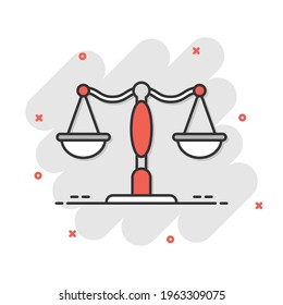 Scale balance icon in comic style. Justice cartoon vector illustration on white isolated background. Judgment splash effect business concept.