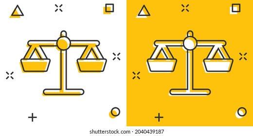 Scale balance icon in comic style. Justice cartoon vector illustration on white isolated background. Judgment splash effect business concept.