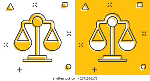 Scale balance icon in comic style. Justice cartoon vector illustration on white isolated background. Judgment splash effect business concept.