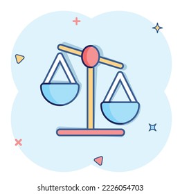 Scale balance icon in comic style. Justice cartoon vector illustration on white isolated background. Judgment splash effect business concept.