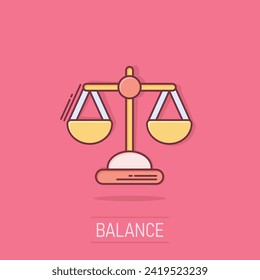 Scale balance icon in comic style. Justice cartoon vector illustration on isolated background. Judgment splash effect business concept.