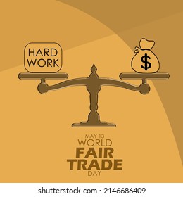 A scale with a balance measures the weight between hard work and money with bold texts on light brown background, Fair Trade Day May 13