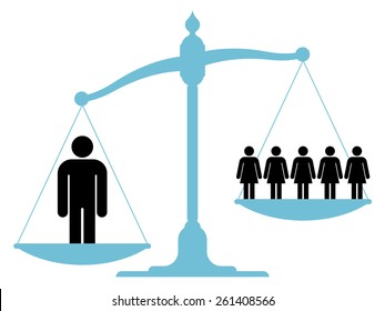 Scale or balance weighing a single man versus a group of women or business team to establish which carries more weight in respect of certain criteria in human resources, depicting sexism