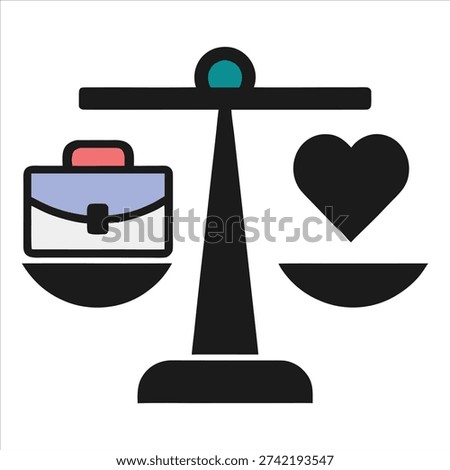 Scale balancing a colorful briefcase and a black heart, symbolizing work-life equilibrium. Concept of prioritizing career versus personal well-being and finding harmony.