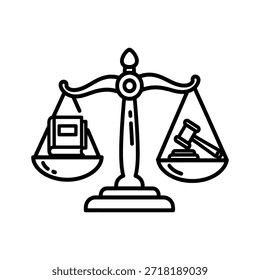 Una balanza que equilibra una computadora y un mazo, simbolizando el equilibrio entre la tecnología y la ley.