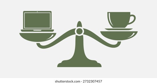 Uma balança que equilibra um notebook e uma xícara de café, simbolizando o equilíbrio entre a vida pessoal e profissional.