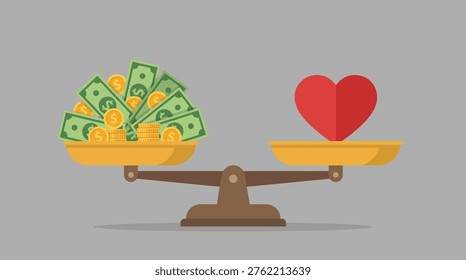 A scale balancing a pile of money against a single small heart symbol