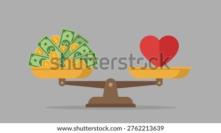 A scale balancing a pile of money against a single small heart symbol