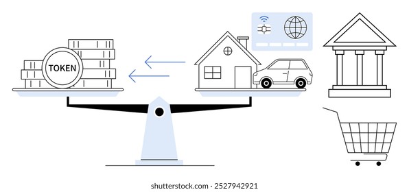 A scale balancing tokens on one side and a house and car on the other. Nearby are a bank, shopping cart, and globe with computer icons. Ideal for finance, cryptocurrency, economics, blockchain