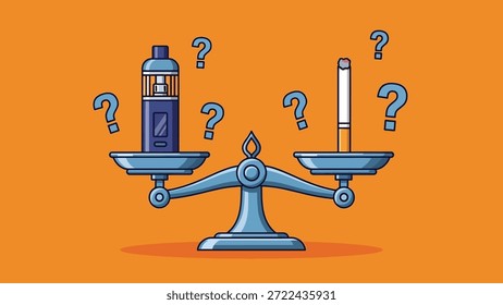 Una balanza que equilibra un dispositivo de vapeo y un cigarrillo, rodeado de signos de interrogación, que simboliza la comparación y la incertidumbre entre vapear y fumar.
