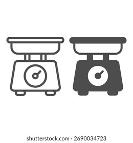 Scale with basket, display and pointer line and solid icon, kitchen concept. Vector graphics. Kitchen scale sign on white background, outline style icon for mobile or web design