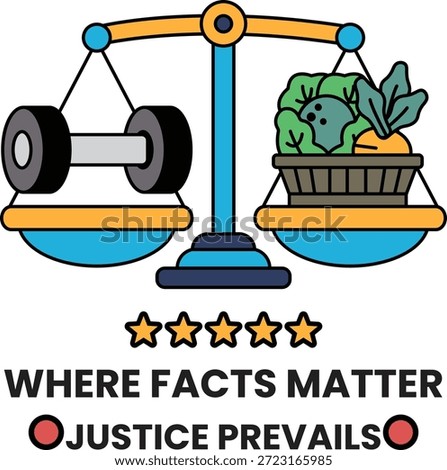 A scale with a basket of vegetables on one side and a dumbbell on the other. The scale is balanced with the dumbbell on the left and the basket of vegetables on the right