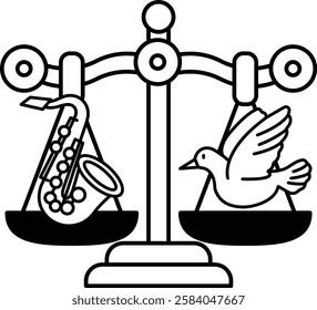 A scale with a bird on one side and a saxophone on the other. The bird is flying and the saxophone is resting on the scale