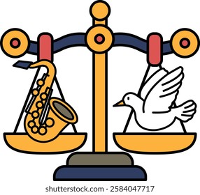 A scale with a bird on one side and a saxophone on the other. The bird is white and the saxophone is yellow