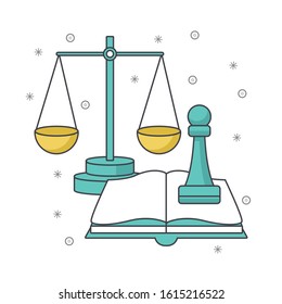 scale with book and chess piece over white background, vector illustration