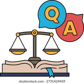 Una balanza con un libro en la parte superior y un signo de interrogación y una A a la derecha. La escala es equilibrada, y el libro está abierto a una página con un signo de interrogación y un A. Concepto de búsqueda de conocimiento