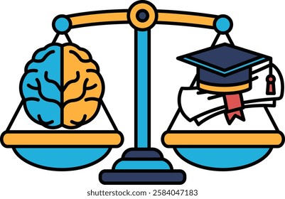 A scale with a brain and a book on it. The brain is on the left side of the scale and the book is on the right side