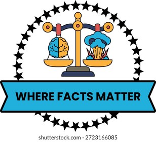Una balanza con un cerebro y una nube. El texto dice Dónde importan los hechos. La Imagen es azul y blanco