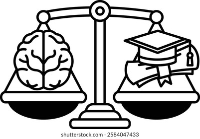 A scale with a brain on one side and a graduation cap on the other. The scale is balanced, but the brain is smaller than the graduation cap